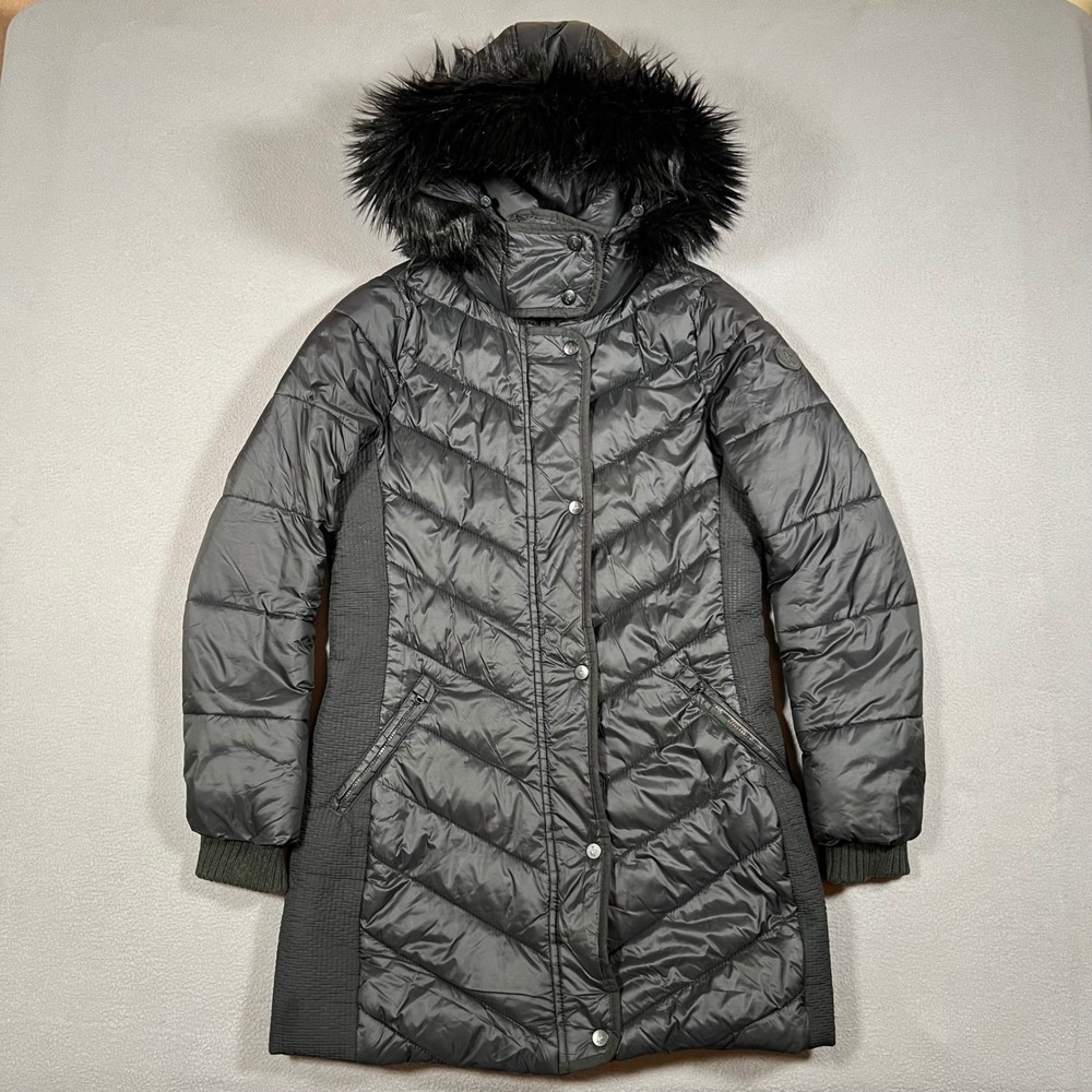 Vintage Abercrombie‎ Fitch Fur Hood Puffer Jacket Womens Small Black Y2K Parka